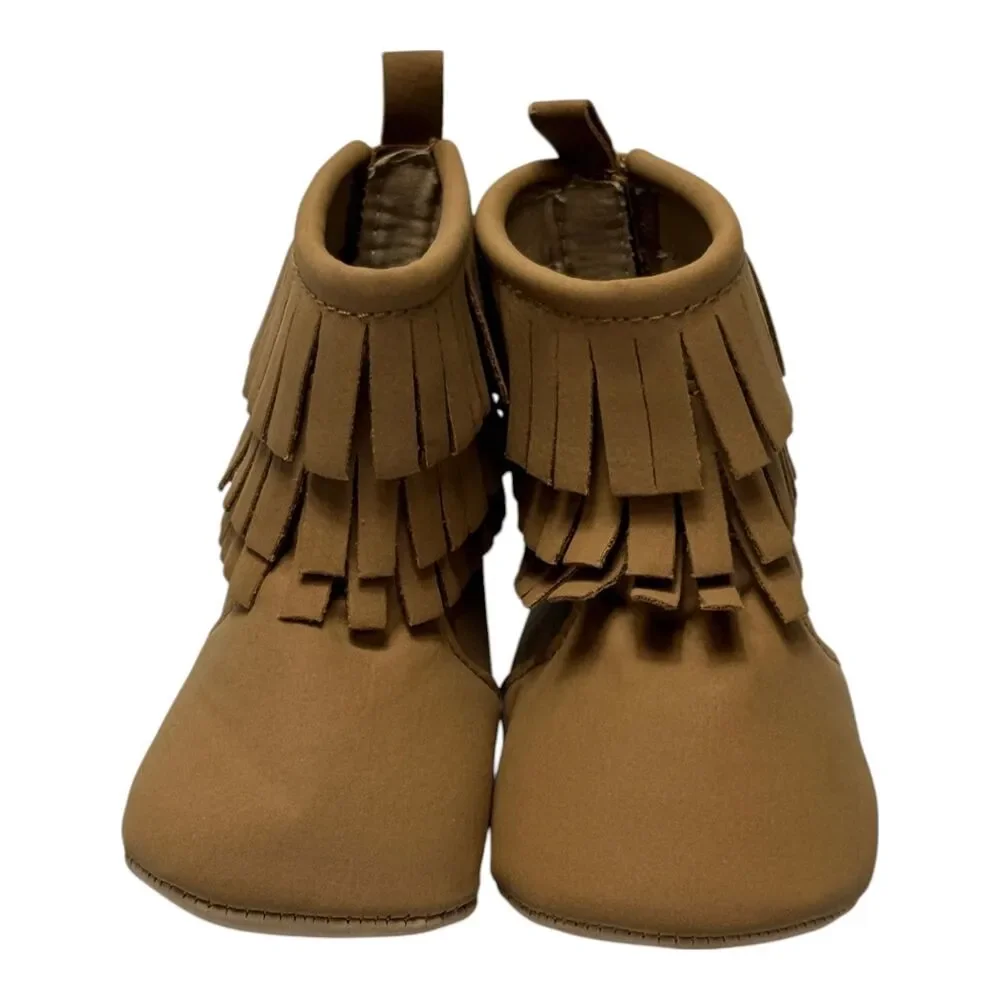 Old Navy Baby Moccasin Booties 3-6 Months Tan Brown Faux Suede Fringe NWT